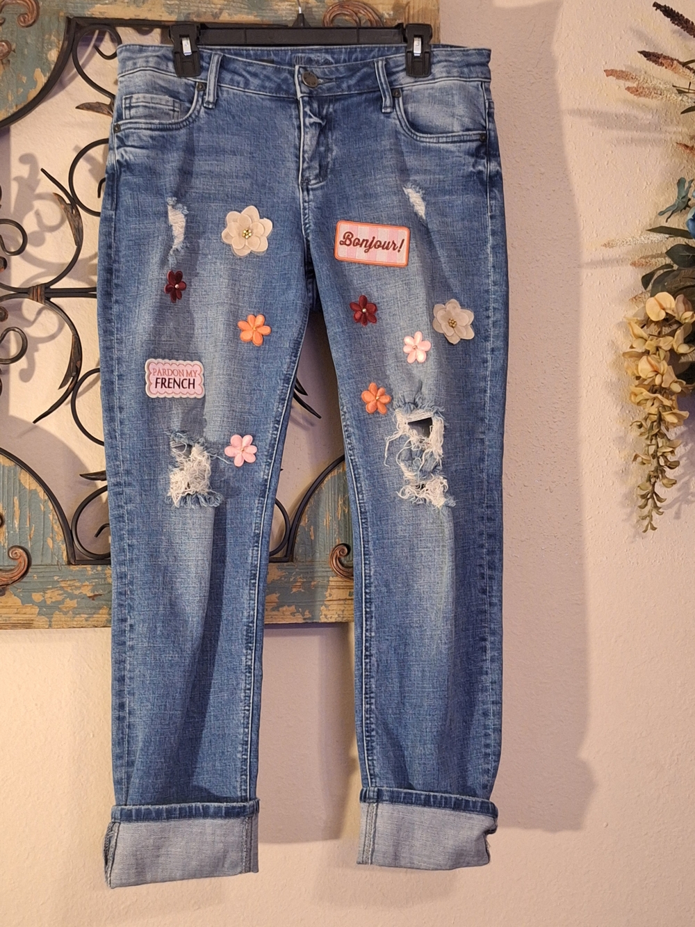 Reworked Upcycled Light Blue Distressed Boyfriend Jeans  Floral Patches. Size 8